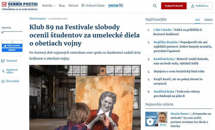 postoj.sk – 12.11.2020: Klub 89 na Festivale slobody ocenil študentov za umelecké diela o obetiach vojny