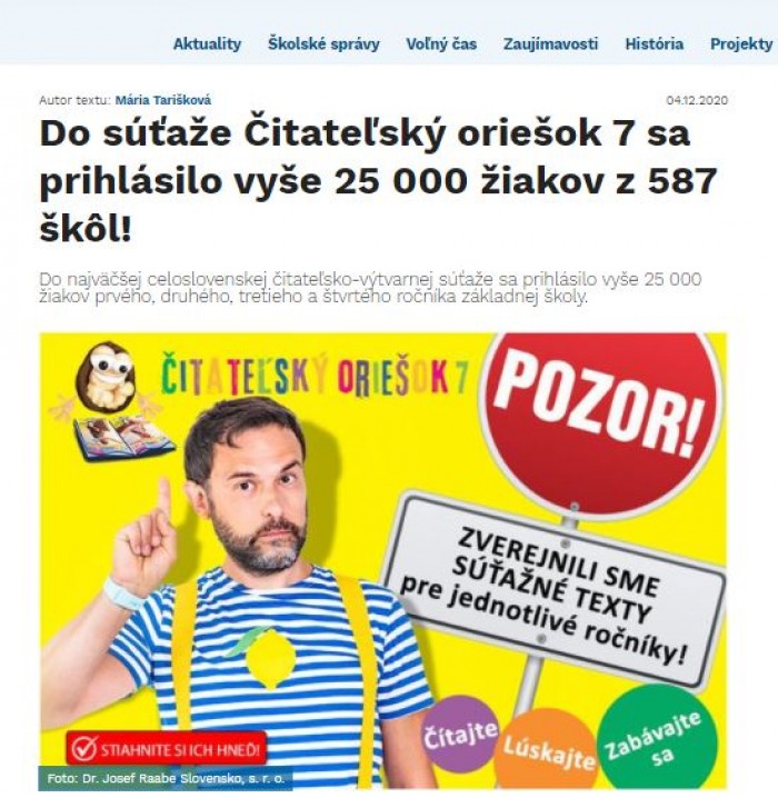 skolske.sk – 4.12.2020: Do súťaže Čitateľský oriešok 7 sa prihlásilo vyše 25 000 žiakov z 587 škôl!