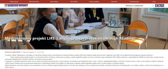 seredskenoviny.sk – 21.12.2020: Medzinárodný projekt LIRE (Language Interpretation through REading)