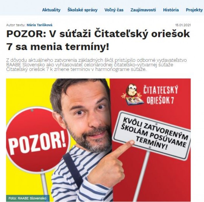 skolske.sk – 15.1.2021: POZOR: V súťaži Čitateľskýoriešok 7 sa menia termíny!