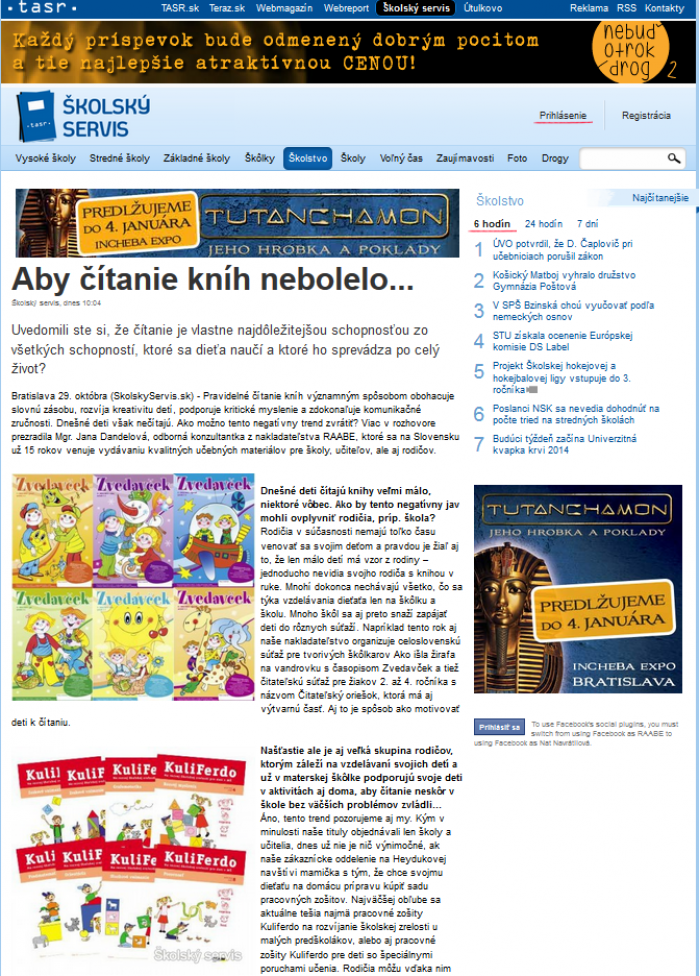 TASR – 29. 10. 2014: Aby čítanie kníh nebolelo 