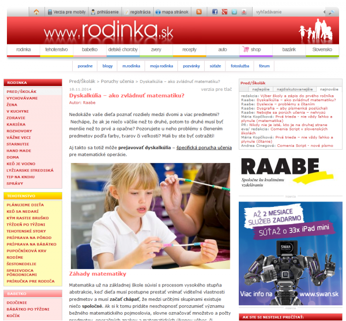 rodinka.sk – 18. 11. 2014: Dyskalkúlia – ako zvládnuť matematiku?
