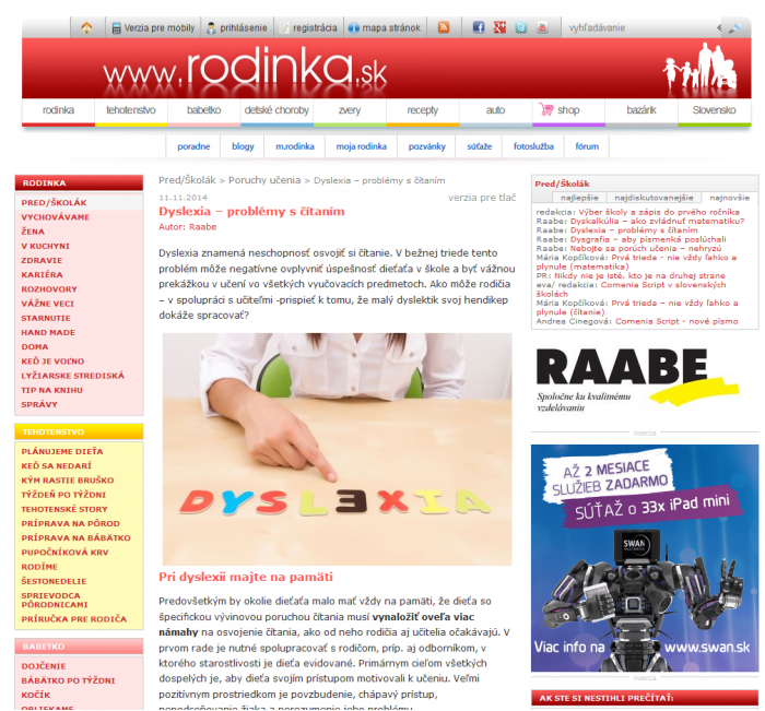 rodinka.sk – 11. 11. 2014: Dyslexia – problémy s čítaním 