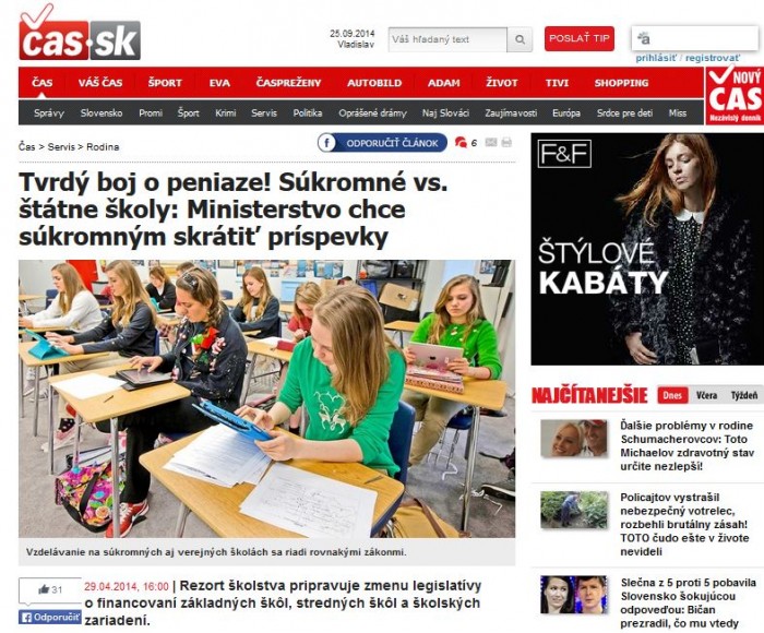 Čas.sk – 29. 4. 2014: Tvrdý boj o peniaze! Súkromné vs. štátne školy