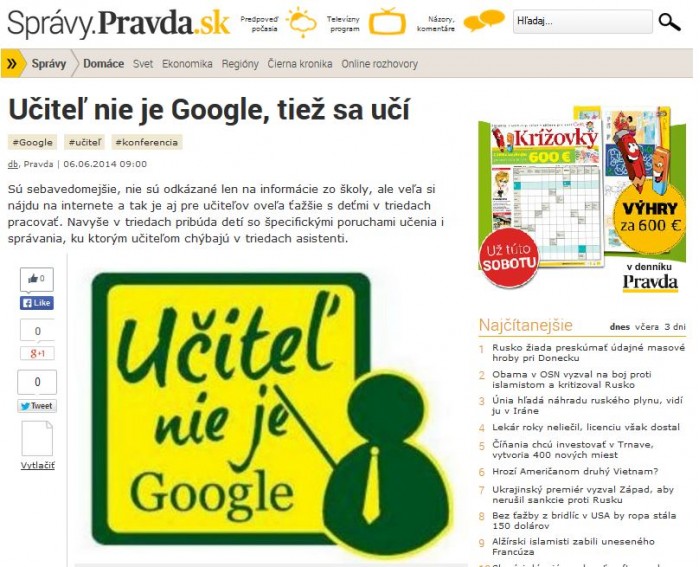 Pravda – 5. 6. 2014: Učiteľ nie je Google, tiež sa učí 