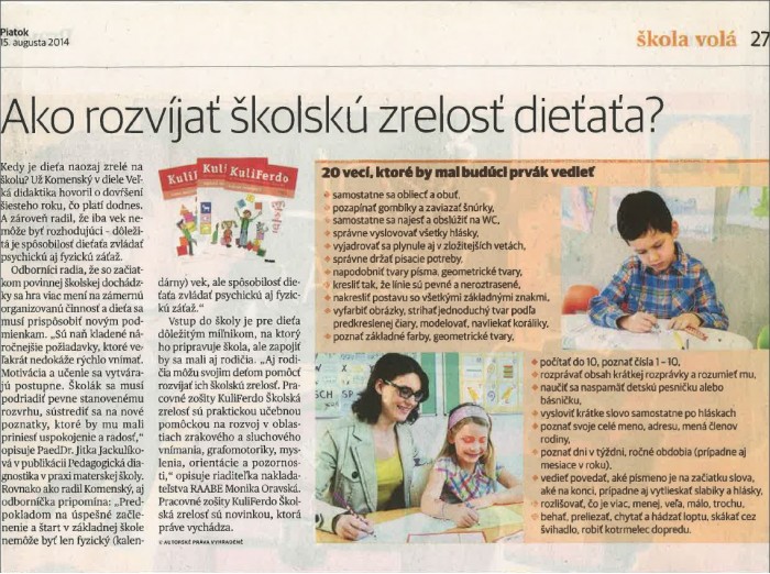 denník Pravda – 15. 8. 2014: Ako rozvíjať školskú zrelosť dieťaťa? 