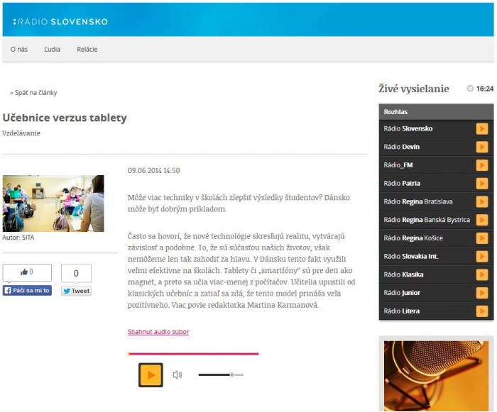 RTVS – Rádio Slovensko 9. 6. 2014 Učebnice verzus tablety 