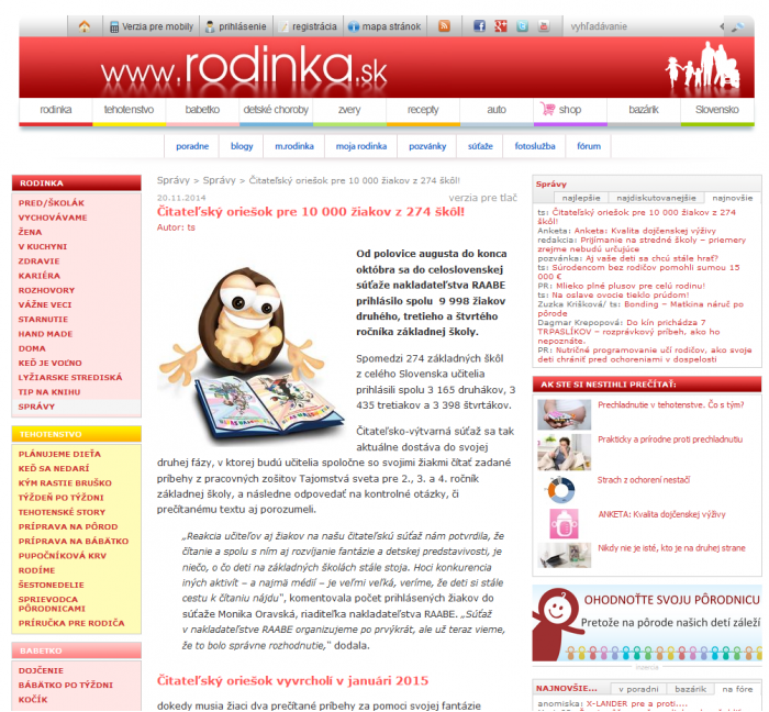 rodinka.sk – 20. 11. 2014: Čitateľský oriešok pre 10 000 žiakov z 274 škôl! 