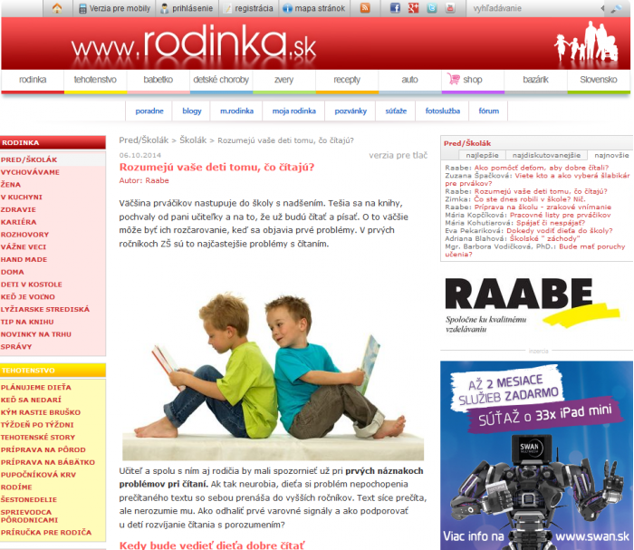 rodinka.sk – 6. 10. 2014: Rozumejú Vaše deti tomu, čo čítajú? 