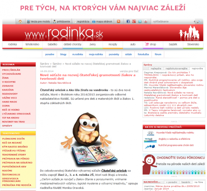 rodinka.sk – 18. 9. 2014: Nové súťaže na rozvoj čitateľskej gramotnosti žiakov a tvorivosti detí 