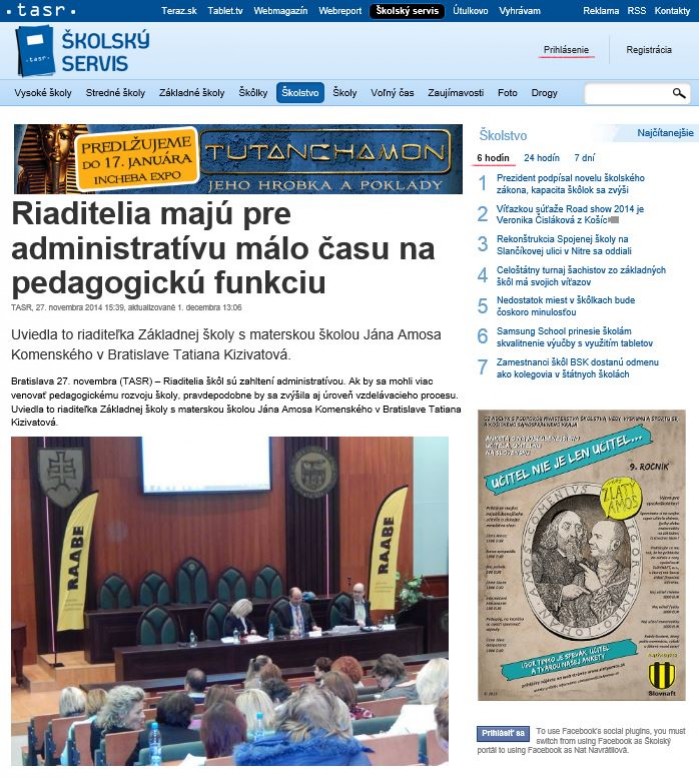 TASR – 27. 11. 2014: Riaditelia majú pre administratívu málo času na pedagogickú funkciu 