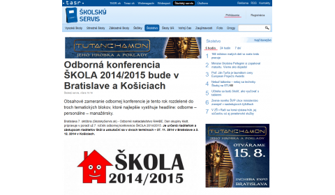 TASR – 7. 10. 2014: Odborná konferencia ŠKOLA 2014/2015 bude v Bratislave a Košiciach 
