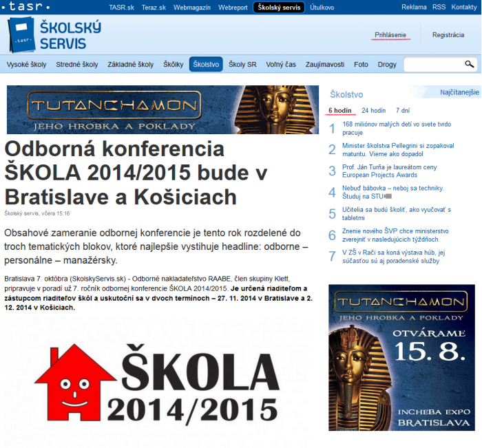 TASR – 7. 10. 2014: Odborná konferencia ŠKOLA 2014/2015 bude v Bratislave a Košiciach 