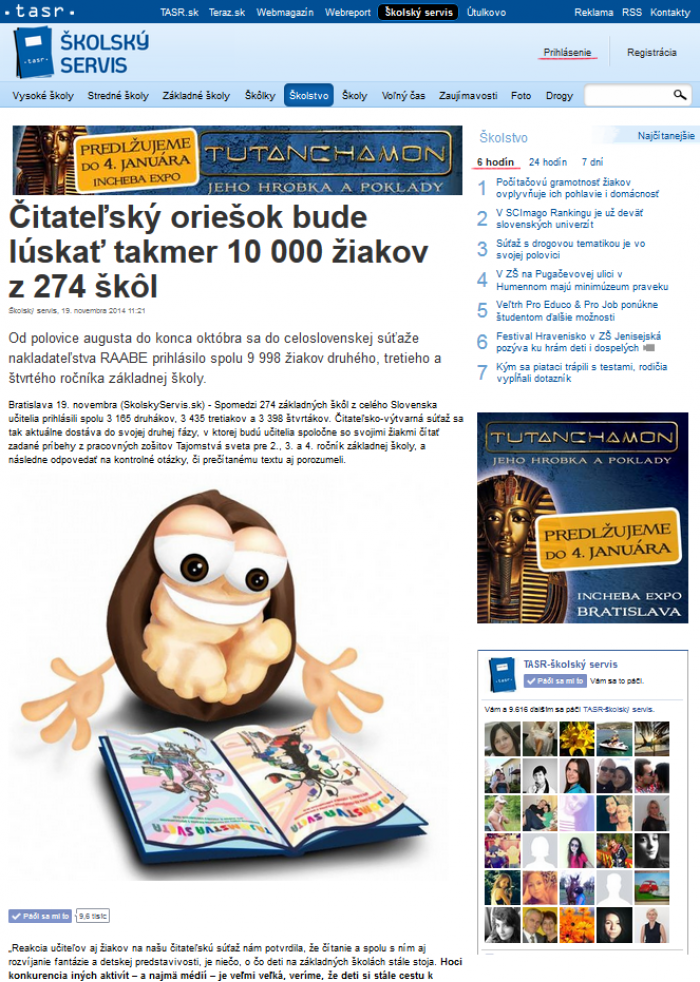 TASR – 19. 11. 2014: Čitateľský oriešok bude lúskať takmer 10 000 žiakov z 274 škôl!