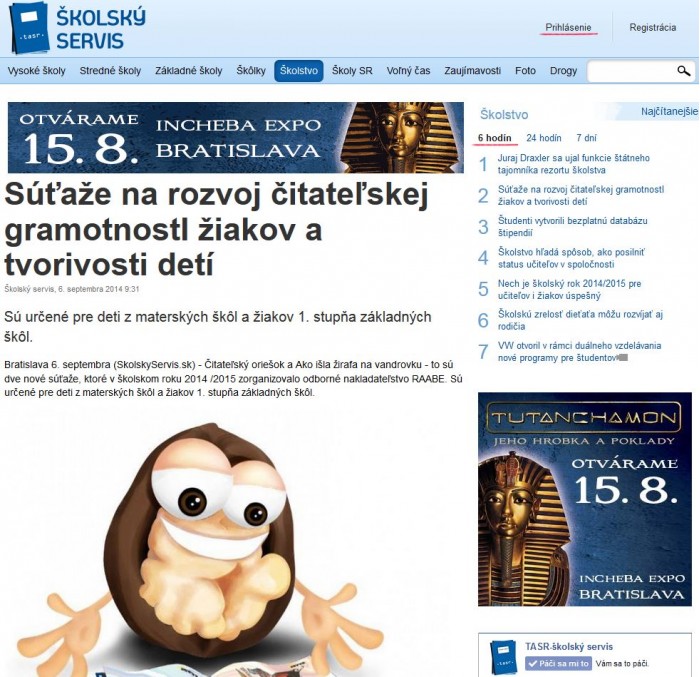 TASR – 6. 9. 2014: Súťaže na rozvoj čitateľskej gramotnostI žiakov a tvorivosti detí 