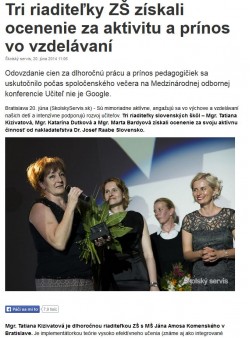 TASR – 20. 6. 2014: Tri riaditeľky ZŠ získali ocenenie za aktivitu a prínos vo vzdelávaní 