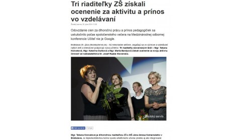 TASR – 20. 6. 2014: Tri riaditeľky ZŠ získali ocenenie za aktivitu a prínos vo vzdelávaní 