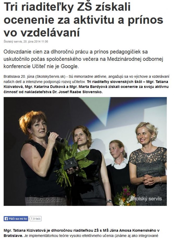 TASR – 20. 6. 2014: Tri riaditeľky ZŠ získali ocenenie za aktivitu a prínos vo vzdelávaní 