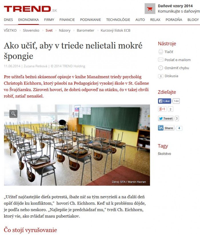 Trend.sk – 11. 6. 2014: Ako učiť, aby v triede nelietali mokré špongie 