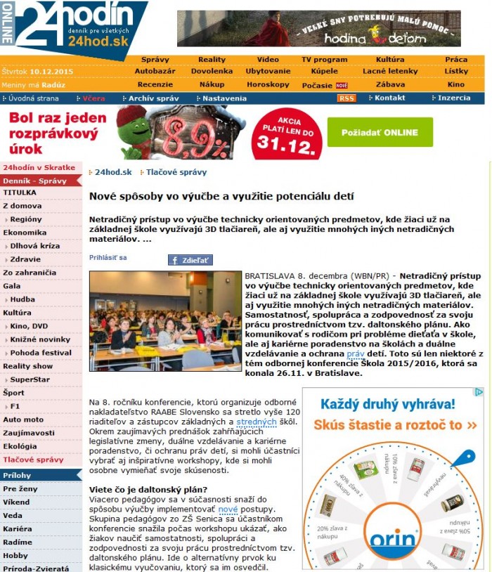 24hod.sk – 8. 12. 2015: Nové spôsoby vo výučbe a využitie potenciálu detí 