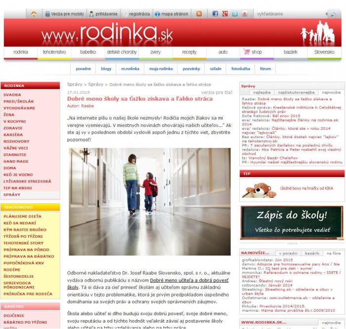 rodinka.sk – 17. 1. 2015: Dobré meno školy sa ťažko získava a ľahko stráca