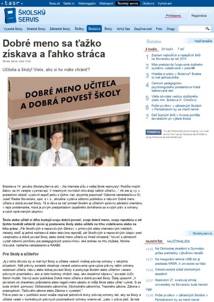 TASR – 14. 1. 2015: Dobré meno učiteľa a dobrá povesť školy 
