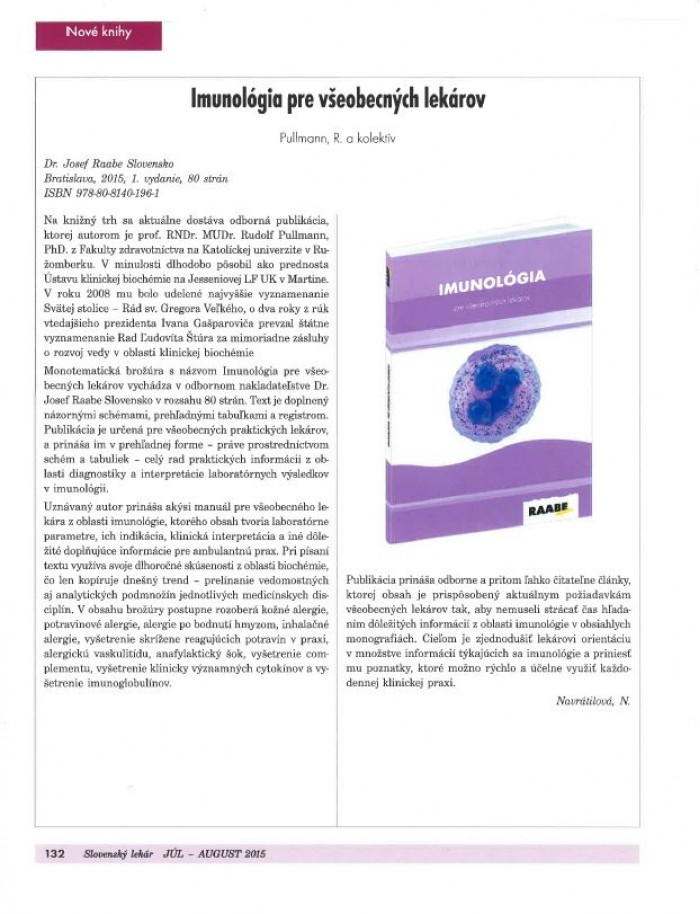 Slovenský lekár – ročník 25 (39), júl – august 2015: Imunológia pre všobecných lekárov 