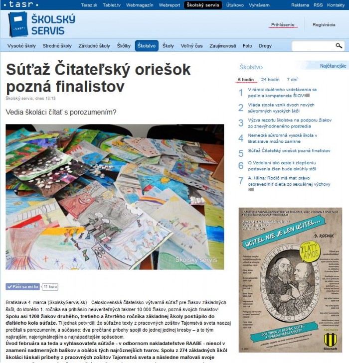 TASR – 4. 3. 2015: Súťaž Čitateľský oriešok pozná finalistov 