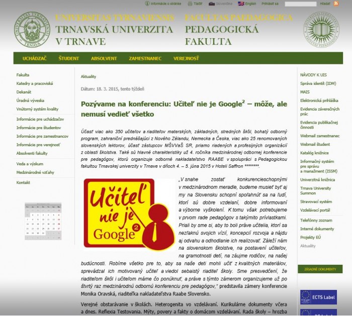 PF TU – 18. 3. 2015: Pozývame na konferenciu: Učiteľ nie je Google 2 