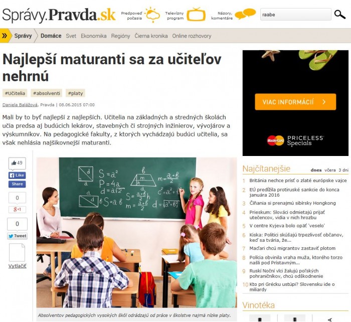 pravda.sk – 8. 6. 2015: Najlepší maturanti sa za učiteľov nehrnú 