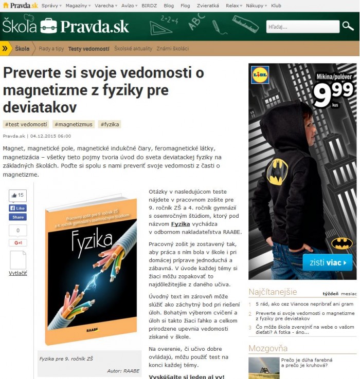 pravda.sk – 4. 12. 2015: Preverte si svoje vedomosti o magnetizme z fyziky pre deviatakov 