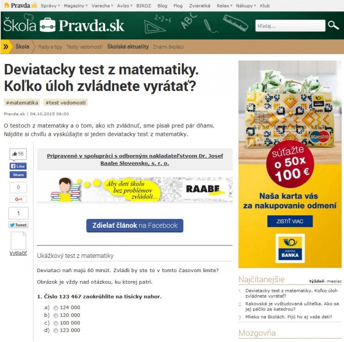 skola.pravda.sk – 4. 10. 2015: Deviatacky test z matematiky. Koľko úloh zvládnete vyrátať? 