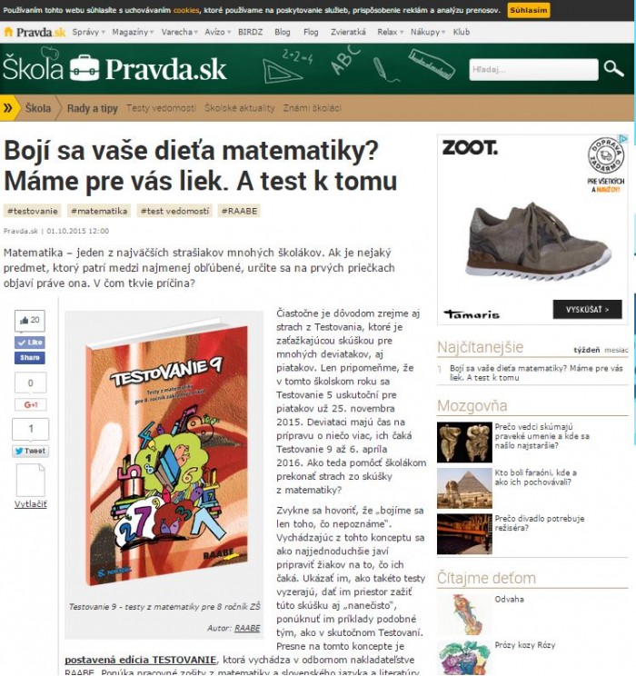 skola.pravda.sk – 1. 10. 2015: Bojí sa vaše dieťa matematiky? Máme pre vás liek. A test k tomu. 