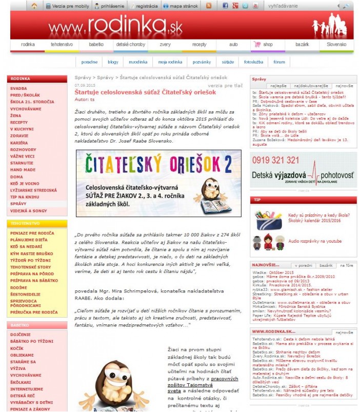 rodinka.sk – 7. 9. 2015: Štartuje celoslovenská súťaž Čitateľský oriešok 