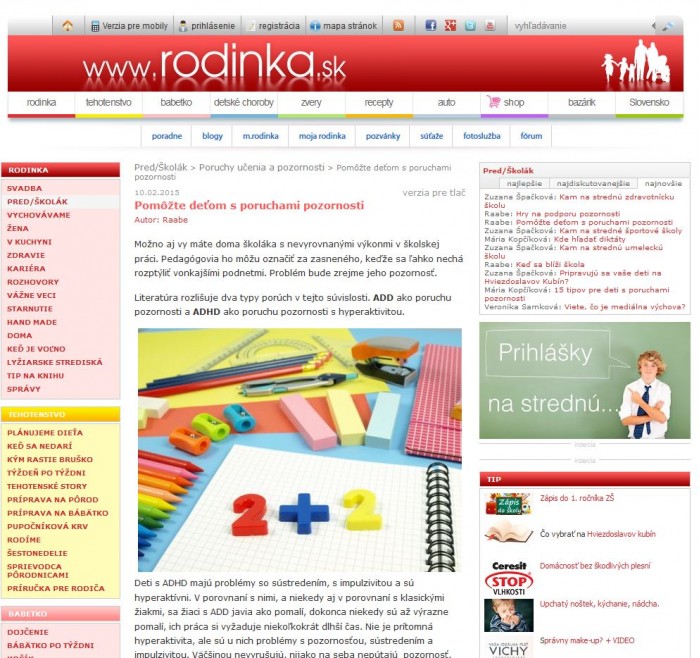 rodinka.sk – 10. 2. 2015: Pomôžte deťom s poruchami pozornosti 