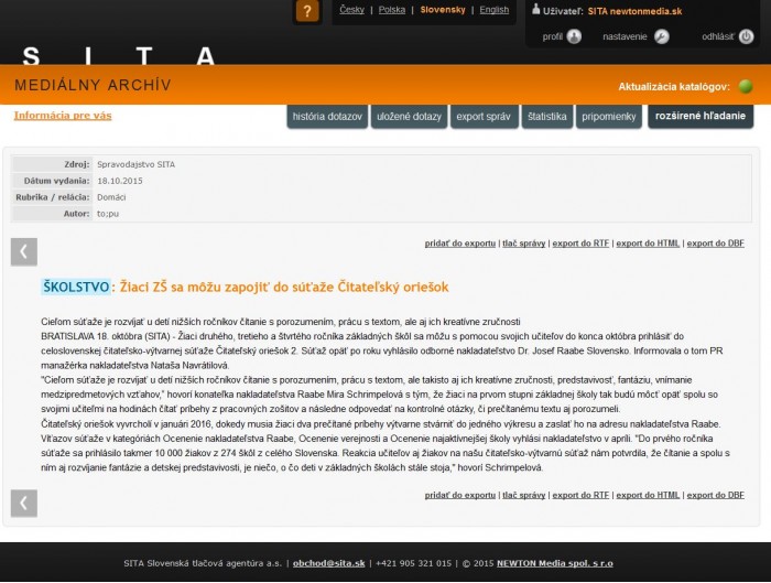 www.sita.sk – 18. 10. 2015: Žiaci ZŠ sa môžu zapojiť do súťaže Čitateľský oriešok 