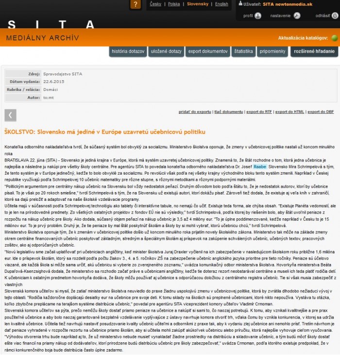 SITA – 22. 6. 2015: Slovensko má jediné v Európe uzavretú učebnicovú politiku 