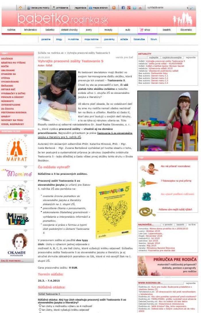 rodinka.sk – 25. 3. 2015: Vyhrajte pracovné zošity Testovanie 5 