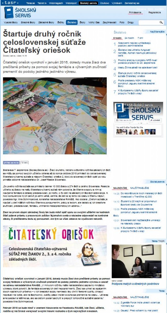 skolskyservis.sk – 7. 9. 2015: Štartuje druhý ročník celoslovenskej súťaže Čitateľský oriešok 