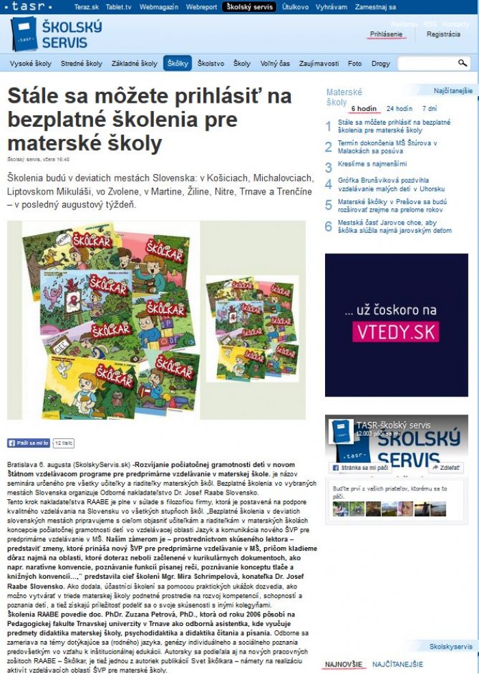 skolskyservis.sk – 6. 8. 2015: Stále sa môžete prihlásiť na bezplatné školenia pre materské školy 