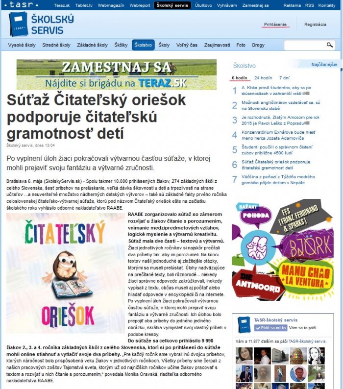 skolskyservis.sk – 6. 5. 2015: Súťaž Čitateľský oriešok podporuje čitateľskú gramotnosť detí