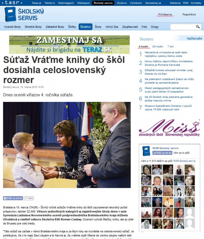 TASR – 10. 3. 2015: Súťaž Vráťme knihy do škôl dosiahla celoslovenský rozmer 