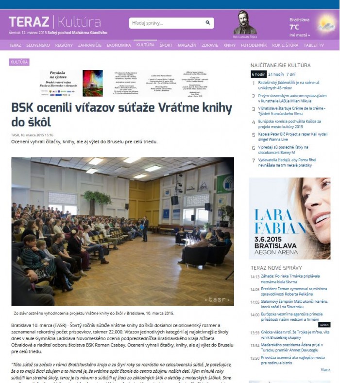 teraz.sk – 10. 3. 2015: Ocenili víťazov súťaže Vráťme knihy do škôl