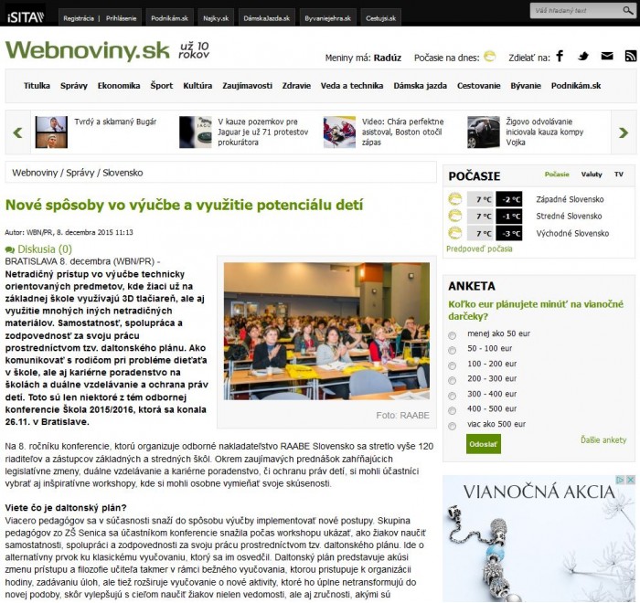 webnoviny.sk – 8. 12. 2015: Nové spôsoby vo výučbe a využitie potenciálu detí