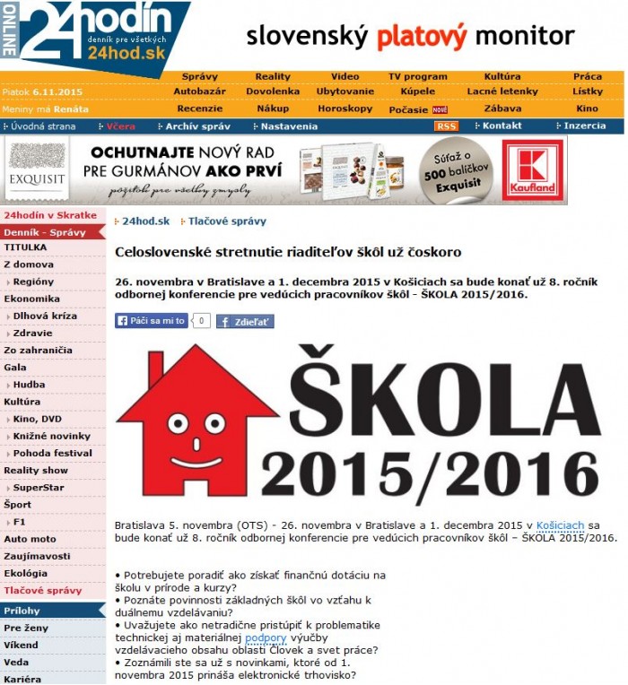 www.24hod.sk – 5. 11. 2015: Celoslovenské stretnutie riaditeľov škôl bude už čoskoro