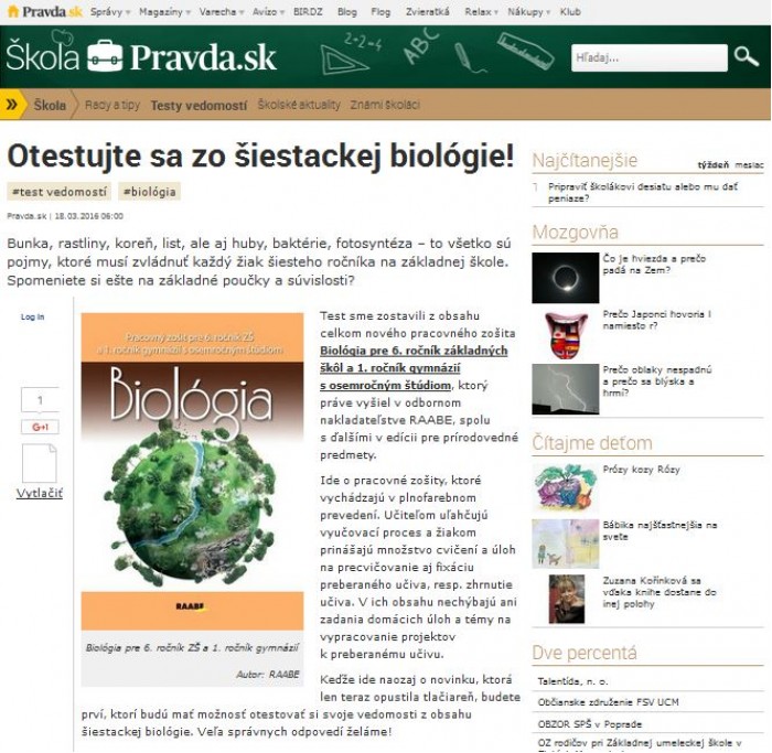 skola.pravda.sk – 18. 3. 2016: Otestujte sa zo šiestackej biológie! 