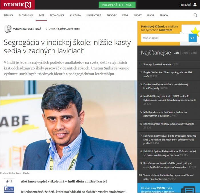 dennikn.sk – 14. 6. 2016: Segregácia v indickej škole: nižšie kasty sedia v zadných laviciach 