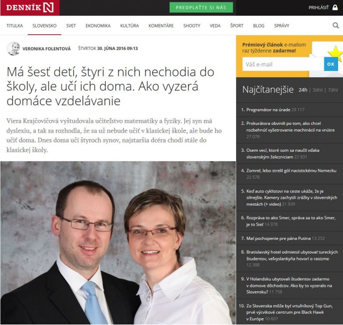 dennikn.sk – 30. 6. 2016: Má šesť detí, štyri z nich nechodia do školy, ale učí ich doma. Ako vyzerá domáce vzdelávanie