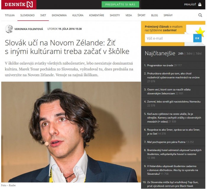 dennikn.sk – 19. 7. 2016: Slovák učí na Novom Zélande: Žiť s inými kultúrami treba začať v škôlke 
