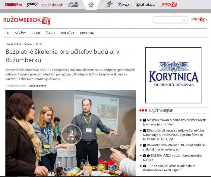 dnes24hod.sk – 2. 9. 2016: Bezplatné školenia pre učiteľov budú aj v Ružomberku